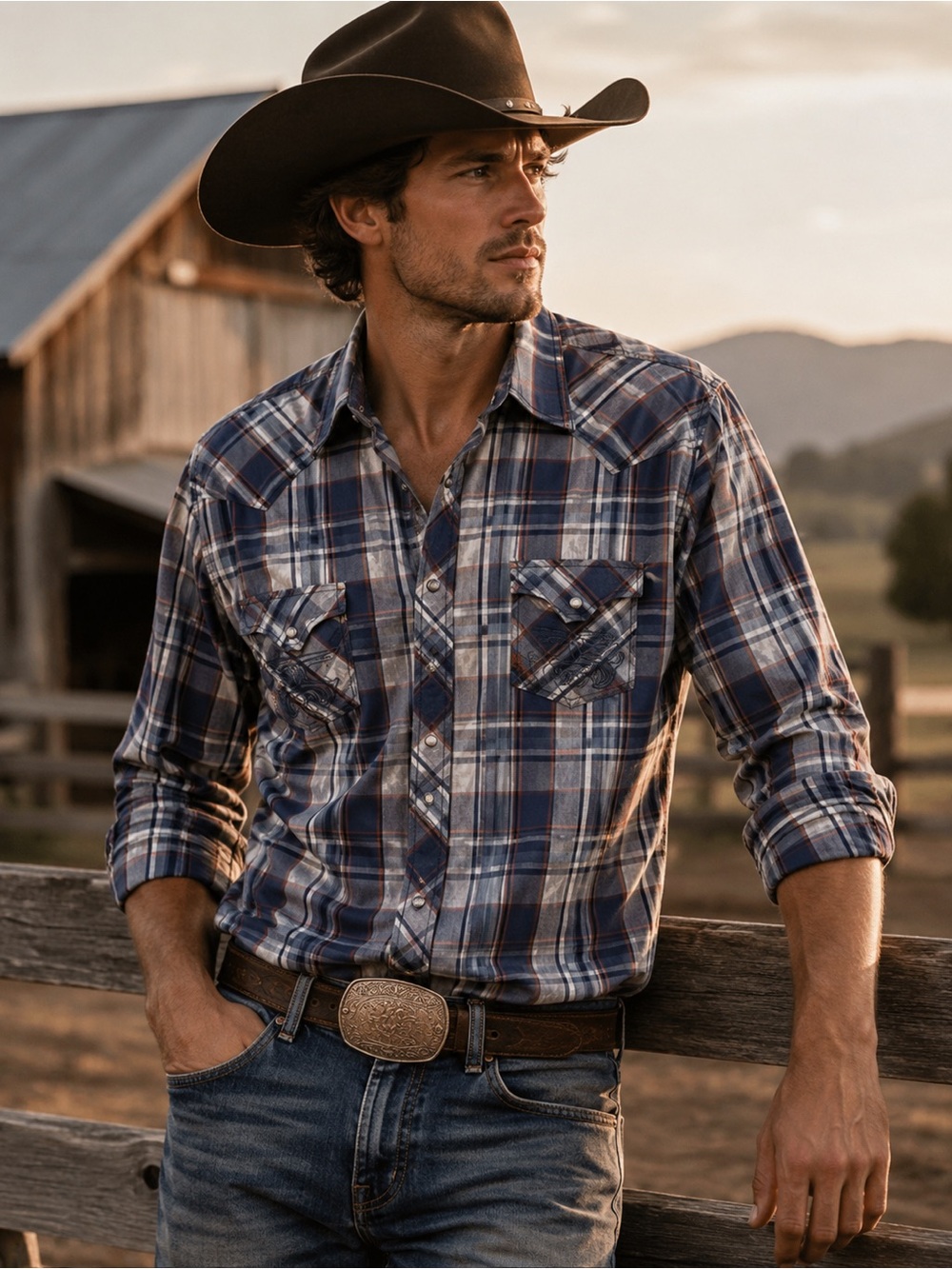 Rock & Roll Cowboy Blue & Gray Plaid Shirt Snap Button Cotton Long Sleeve XXL
